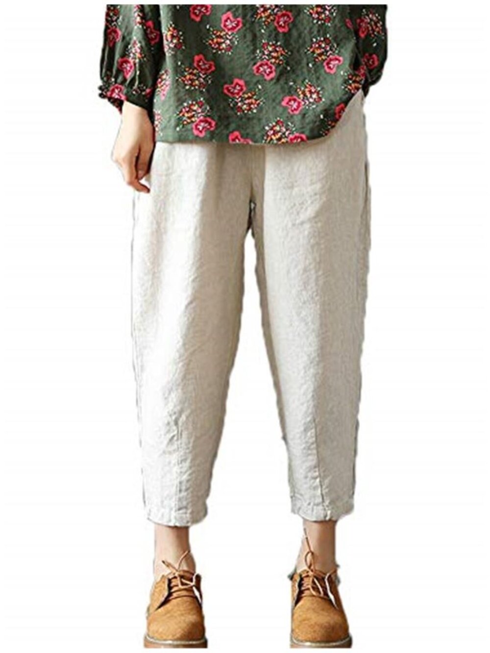 Women Linen Cropped Capri Pants Elastic Waist Harem Tapered Pockets Casual Style